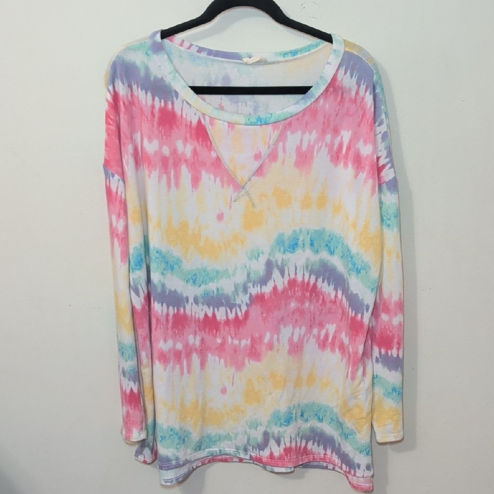 BiBi Tie-Dye T-Shirt Pink Yellow Blue Long Sleeve Hippie Retro 70s Womens Size L